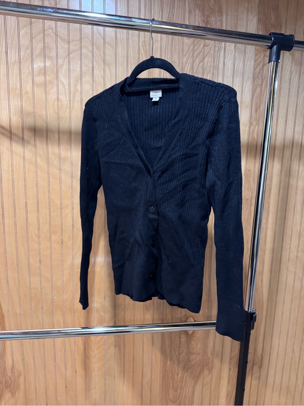 Black V-Neck Ribbed Button-Front Women's Sweater